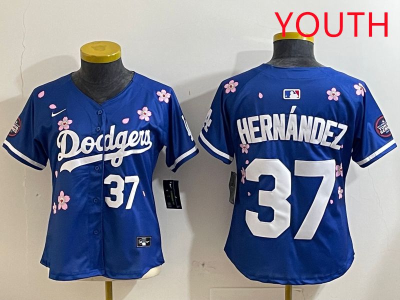 Youth Los Angeles Dodgers #37 Hernandez Blue Sakura Edition 2025 Nike MLB Jersey style 3->youth mlb jersey->Youth Jersey